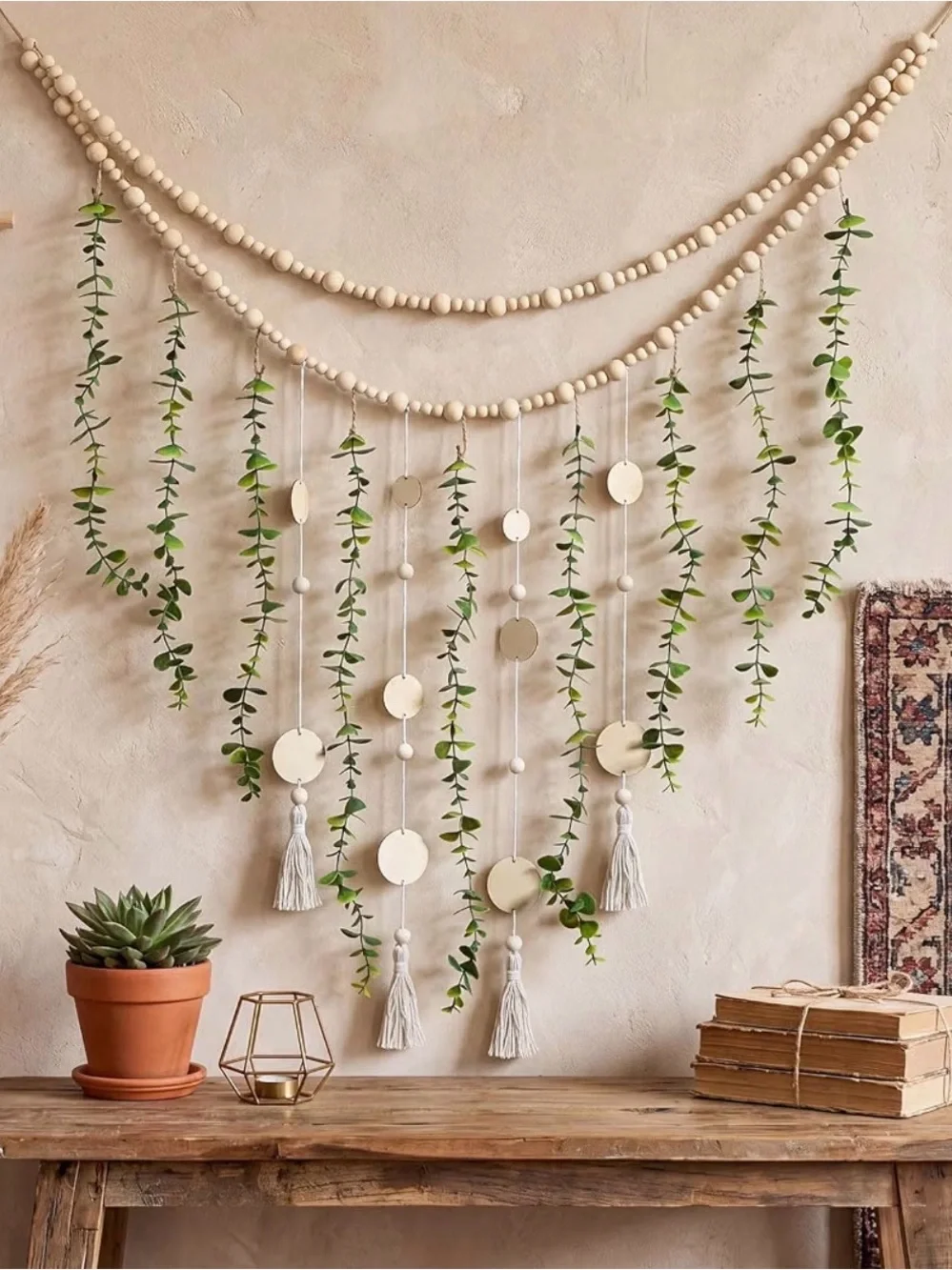 Beaded Eucalyptus Tassel Garland Boho Wall Decor with Wooden Beads